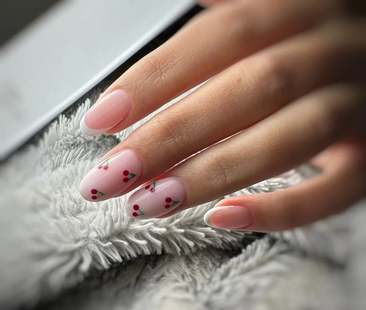 Nail art cerises, vue rapprochée